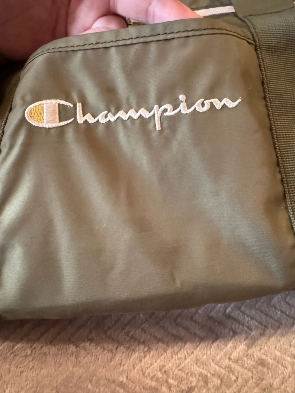 Champion Olive Green Duffel Gym Bag Floral Logo Travel Weekender - Picture 9 of 10